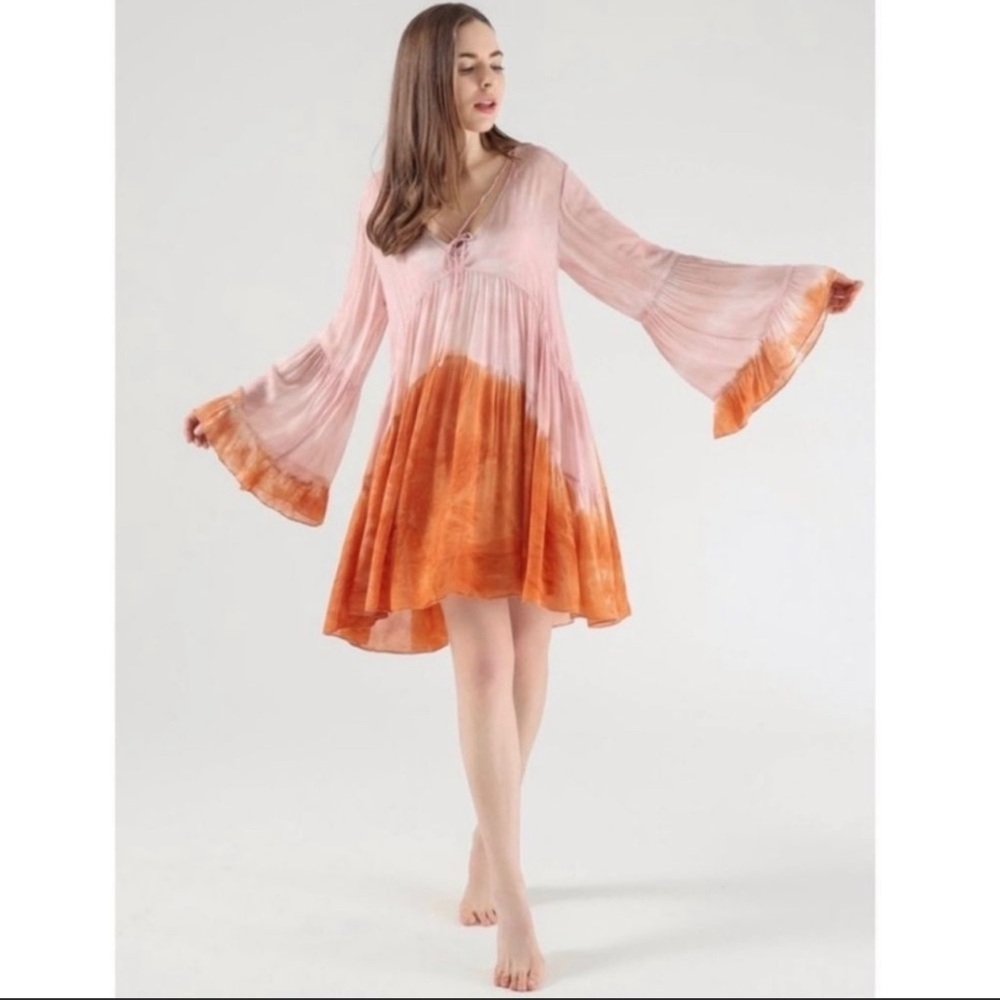YOUNG FABULOUS & BROKE Lightweight Tie Dye Dress Bell Sleeve Size Small - Picture 2 of 10